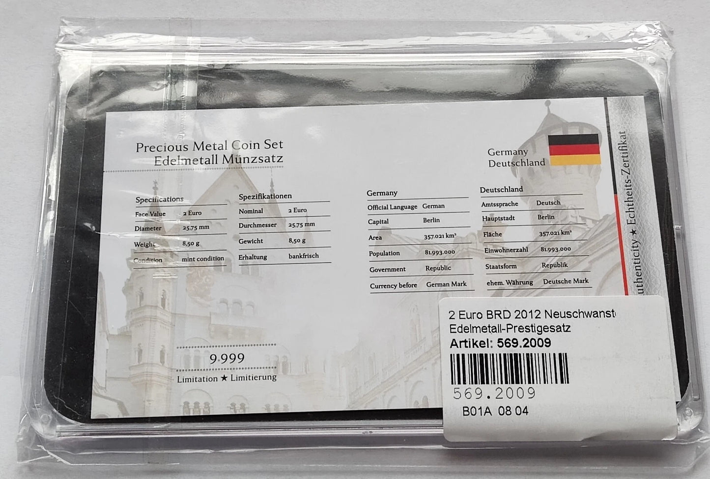 4 x 2 Euro Münzen Set - Bayern Schloss Neuschwanstein 2012 - Platin / Rotgold / Ruthenium / Gold
