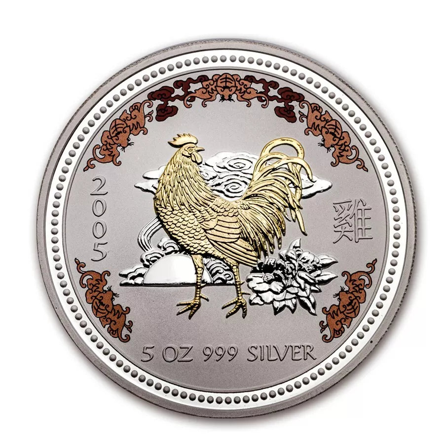 5 UNZEN SILBER - LUNAR HAHN 2005 - KOLORIERT - SILBERMÜNZE - SELTEN
