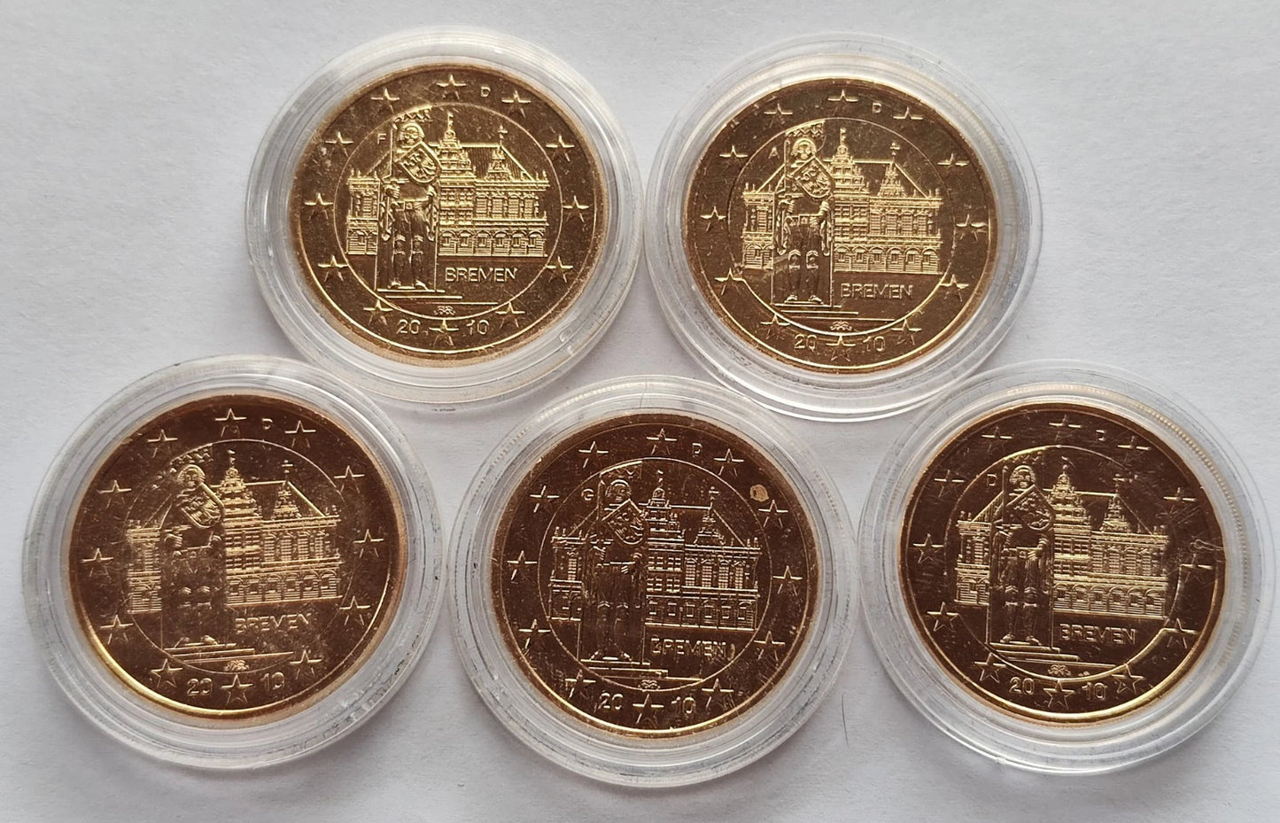 5 x 2 Euro Münze - BRD - Bremen - Rathaus & Roland 2010 - komplett Satz ADFGJ - vergoldet