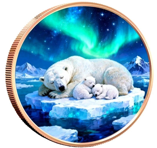 1 UNZE 999 KUPFER - EISBÄR / FAMILIE - HIGH RELIEF - KUPFERBARREN - KOLORIERT
