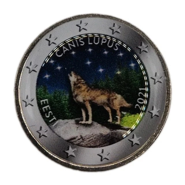 2 Euro Münze - Estland - Nationaltier Wolf 2021 - koloriert