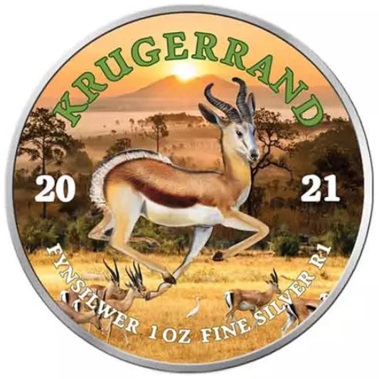 1 UNZE 999 SILBER - AFRIKA KRÜGERRAND / SPRINGBOCK 2021 - KOLORIERT