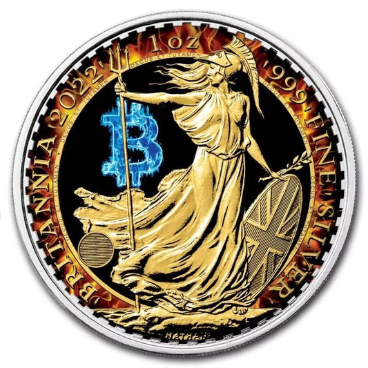 1 UNZE 999 SILBER - BITCOIN / BRITANNIA - NUR 50 STÜCK WELTWEIT - KOLORIERT - SILBERMÜNZE