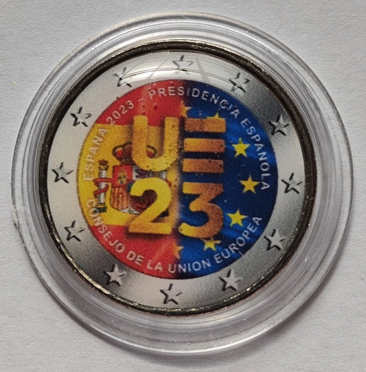 2 Euro Münze - Spanien - EU-Ratspräsidentschaft 2023 - koloriert