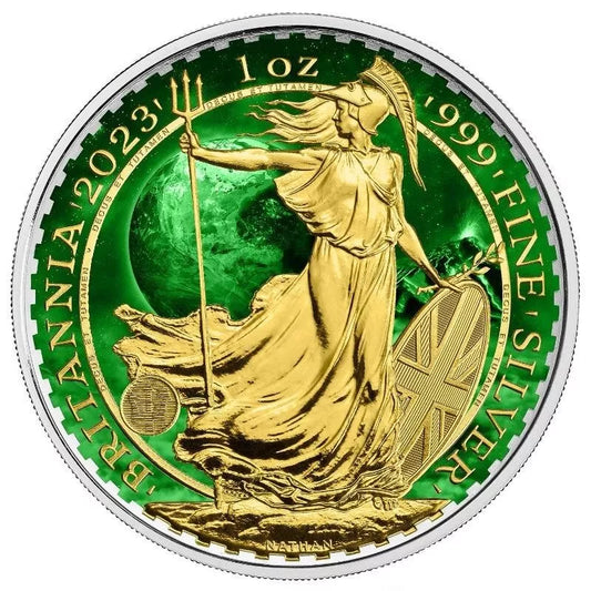 1 UNZE 999 SILBER - GOLD BRITANNIA / GRÜNER PLANET - NUR 100 STÜCK WELTWEIT - KOLORIERT - SILBERMÜNZE