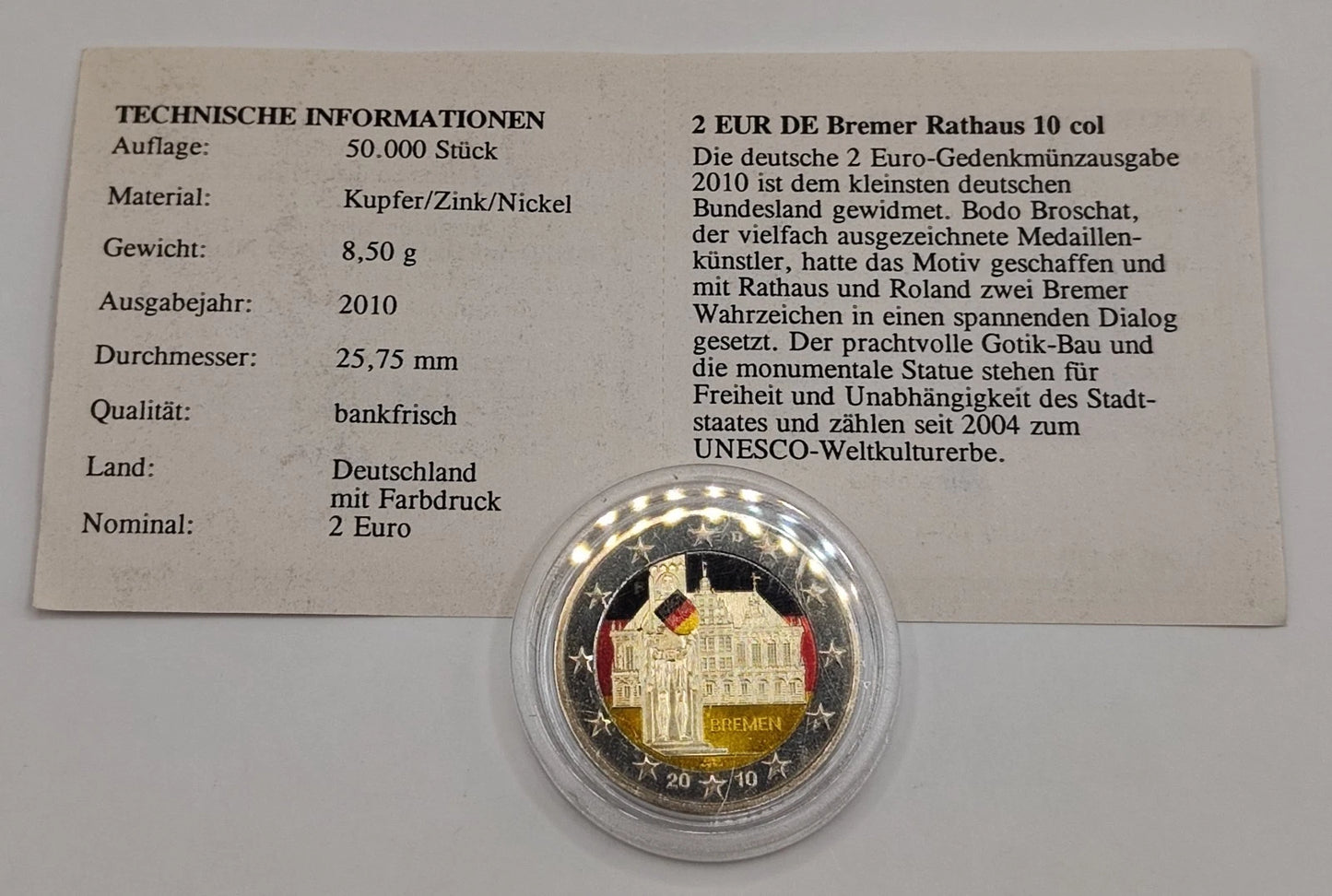 2 Euro Münze - BRD - Bremen Rathaus und Rolandstatue 2010 - koloriert
