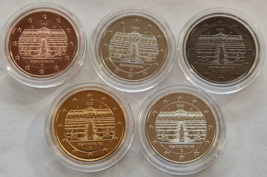 5 x 2 Euro Münzen Set - Brandenburg 2020 - Schloss Sanssouc - Silber / Platin / Rotgold / Ruthenium / Gold