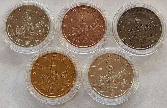 5 x 2 Euro Münzen Set - BRD Thüringen Wartburg 2022 - Silber / Platin / Rotgold / Ruthenium / Gold (Kopie)
