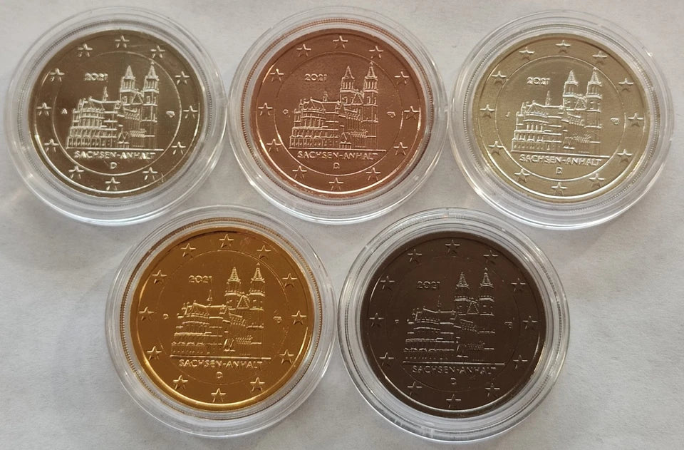 5 x 2 Euro Münzen Set - BRD Sachsen-Anhalt Magdeburger Dom 2021 - Silber / Platin / Rotgold / Ruthenium / Gold