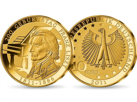 10 Euro Silbermünze - BRD - 200. Geburtstag Franz Liszt 2011 - 24 Karat vergoldet