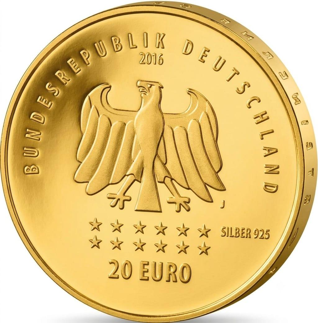 20 Euro Silbermünze - BRD - 175 Jahre Deutschlandlied 2016 - 24 Karat vergoldet