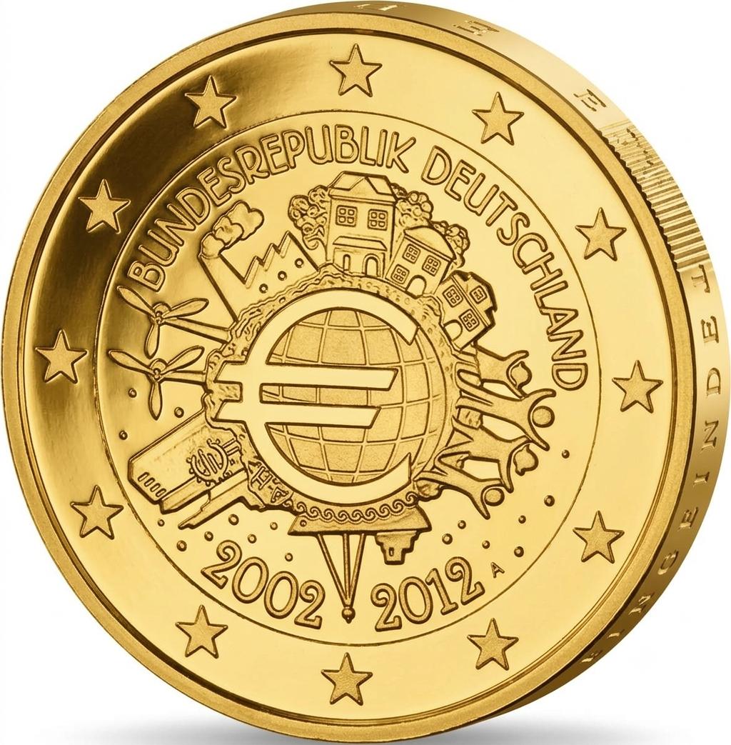 2 Euro Münze - Deutschland -10 Jahre Bargeld 2012 - 24 Karat vergoldet