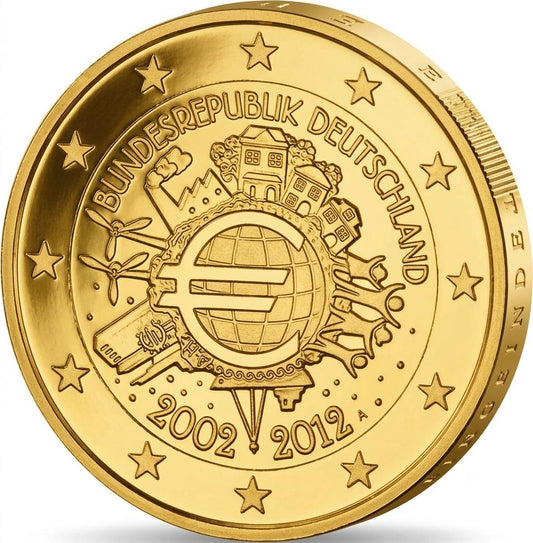 2 Euro Münze - Deutschland -10 Jahre Bargeld 2012 - 24 Karat vergoldet