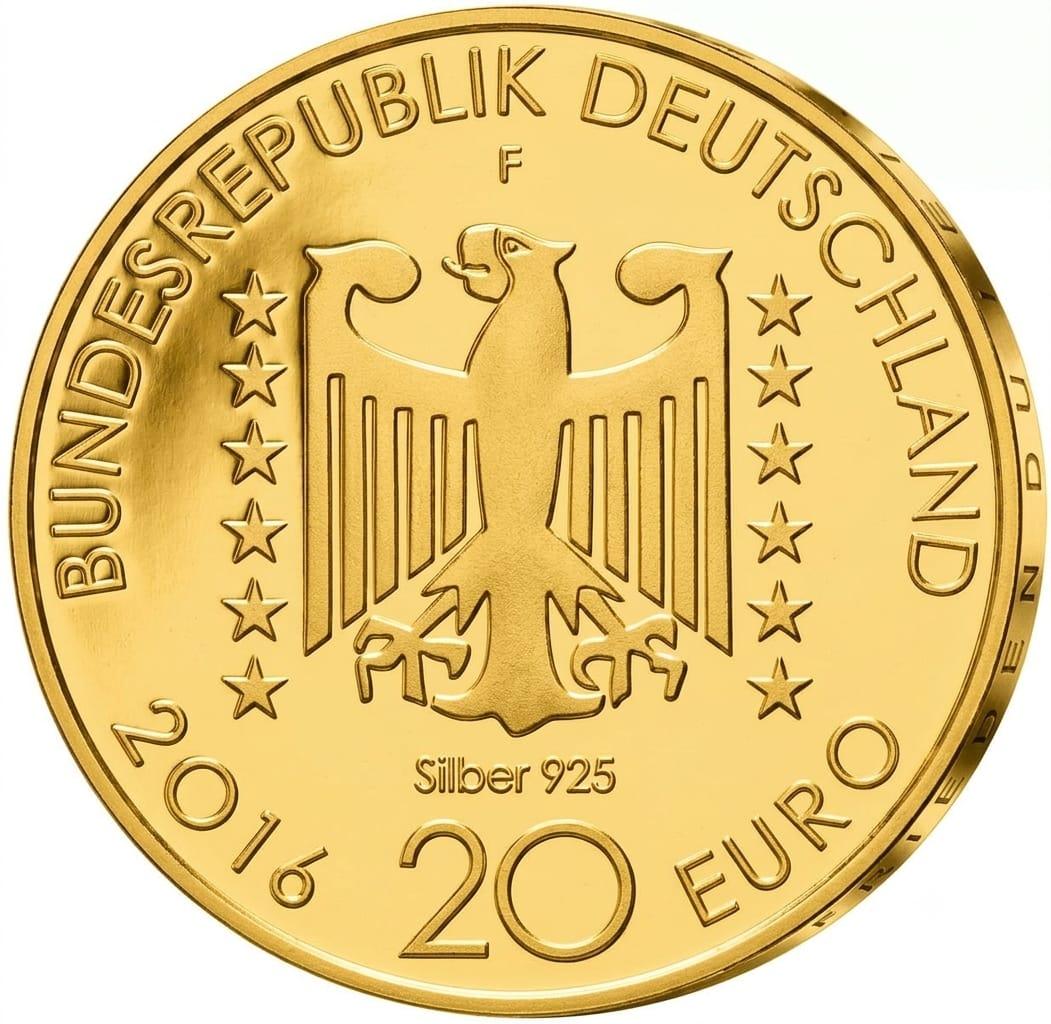 20 Euro Silbermünze - BRD - 125. Geburtstag Nelly Sachs 2016 - 24 Karat vergoldet