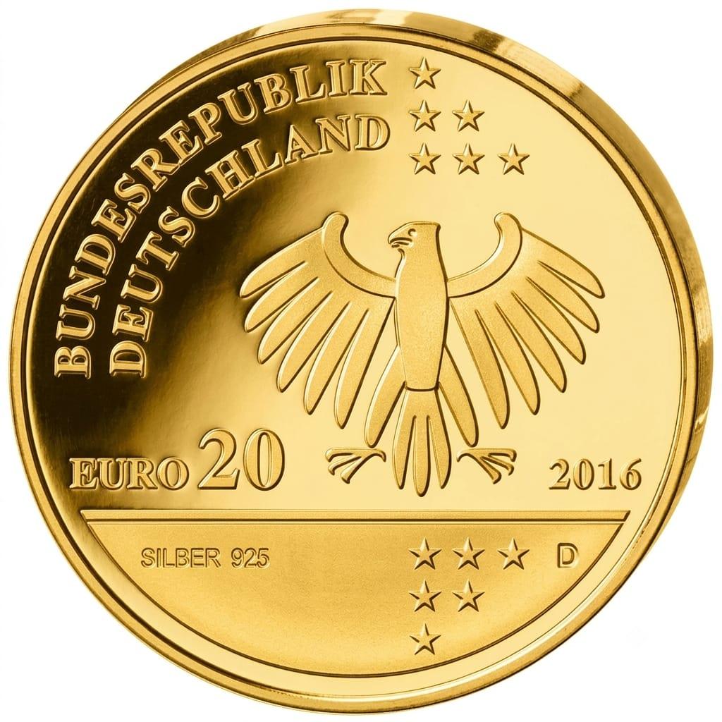 20 Euro Silbermünze - BRD -  200. Geburtstag Ernst Litfaß 2016 - 24 Karat vergoldet