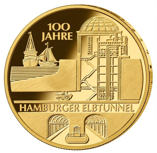 10 Euro Münze  - BRD - 100 Jahre Hamburger Elbtunnel 2011 - 24 Karat vergoldet