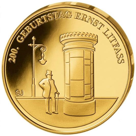20 Euro Silbermünze - BRD -  200. Geburtstag Ernst Litfaß 2016 - 24 Karat vergoldet